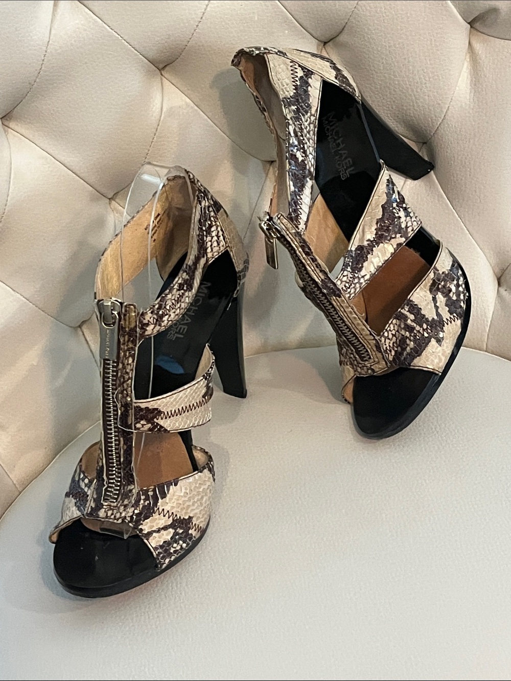 Michael Kors Beige and Black Snake Print Zippered High Heel Sandals